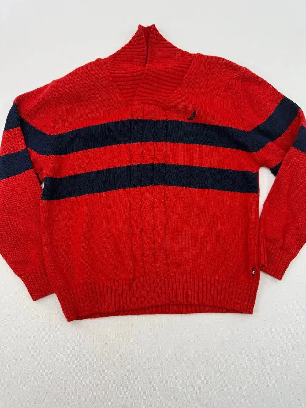 Nautica Boys Shawl Collar Cable Knit Sweater Red Navy Striped Size 6